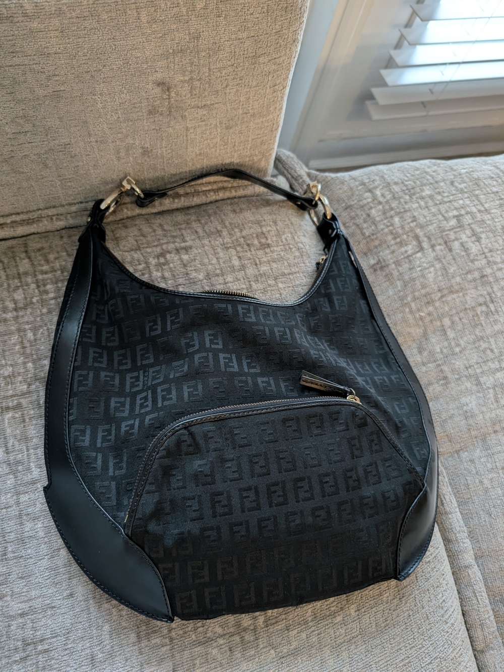 Fendi Black FF Logo Canvas Hobo with Leather Trim